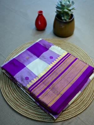Purple pure silk Irkal saree with bold checks