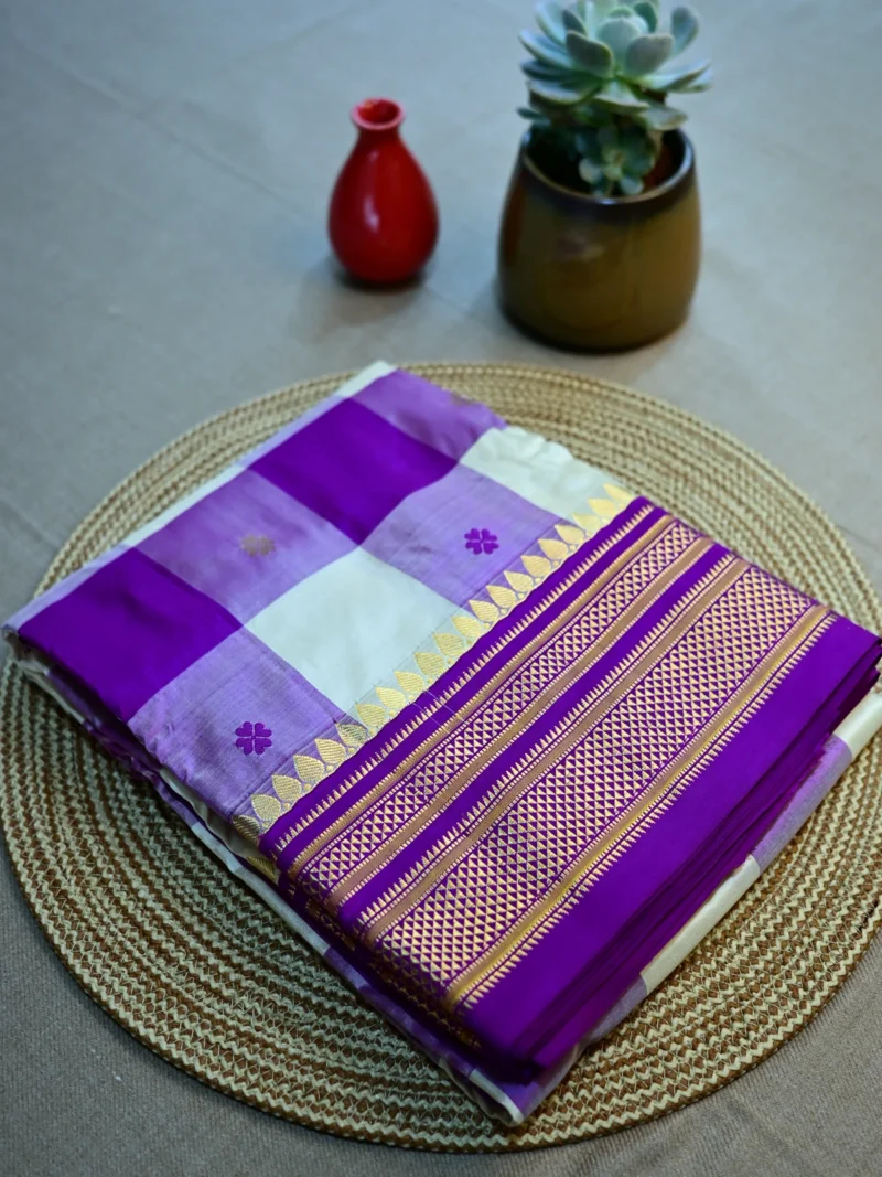 Purple pure silk Irkal saree with bold checks