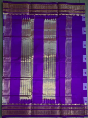 Pallu of purple pure silk saree with bold checks
