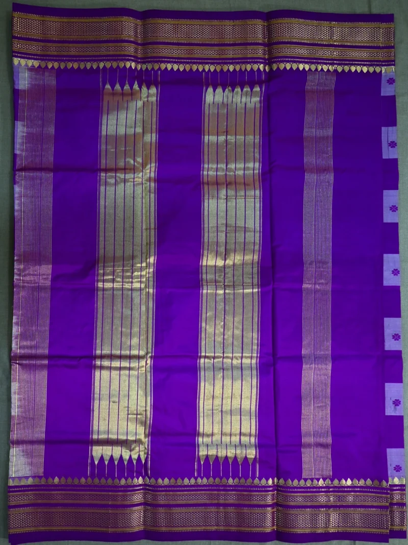 Pallu of purple pure silk saree with bold checks