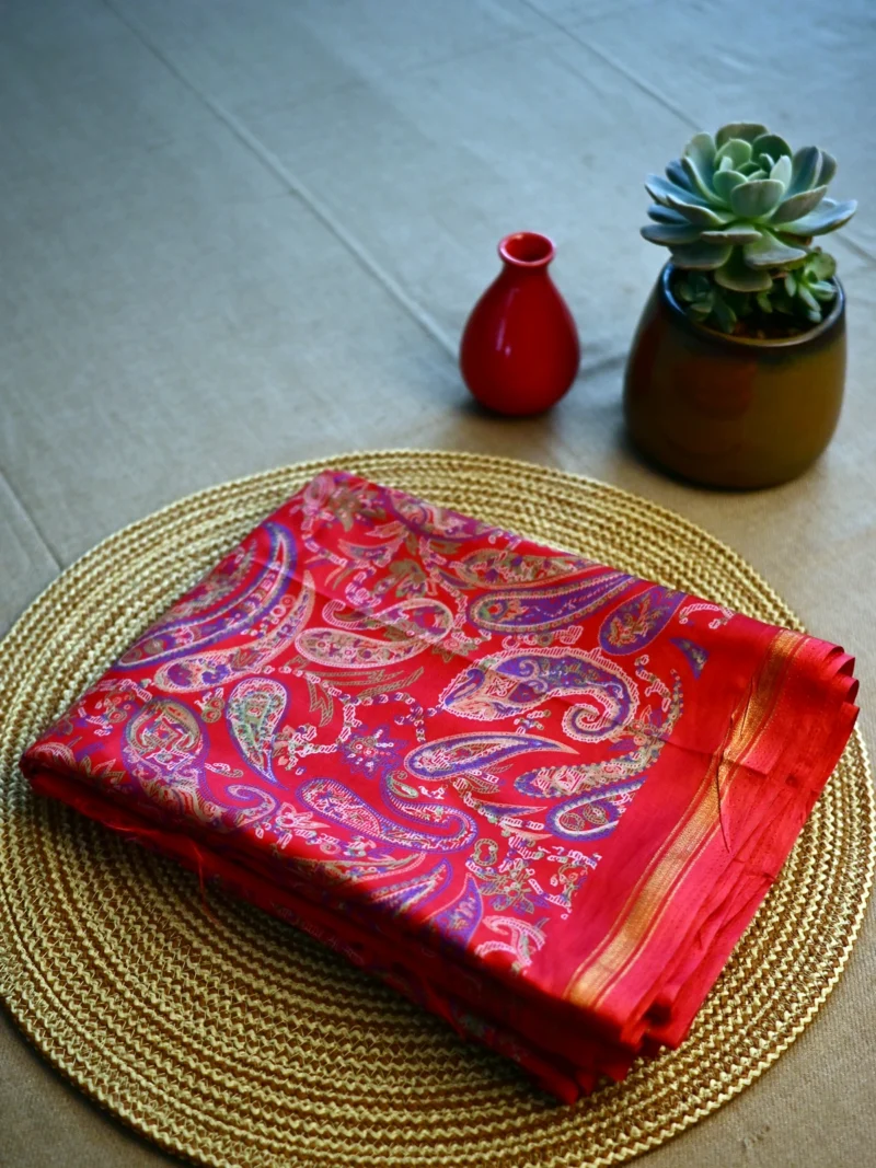 Red printed Kashmiri silk saree