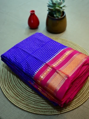 Royal blue pure silk Irkal saree with golden checks and pink border