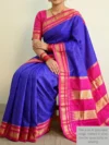 Mannequin wearing royal blue Irkal saree with golden checks