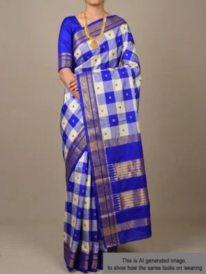 Mannequin wearing royal blue checks pure silk Irkal saree