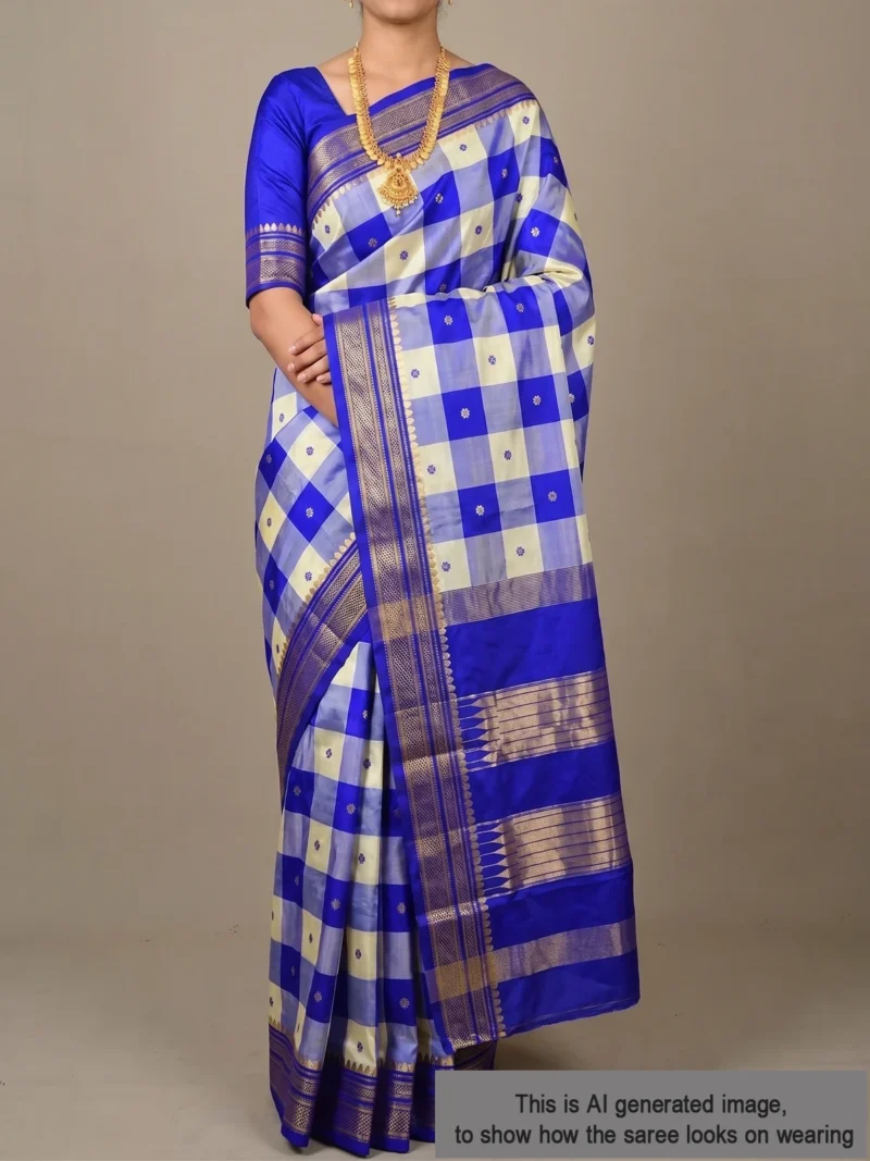 Mannequin wearing royal blue checks pure silk Irkal saree