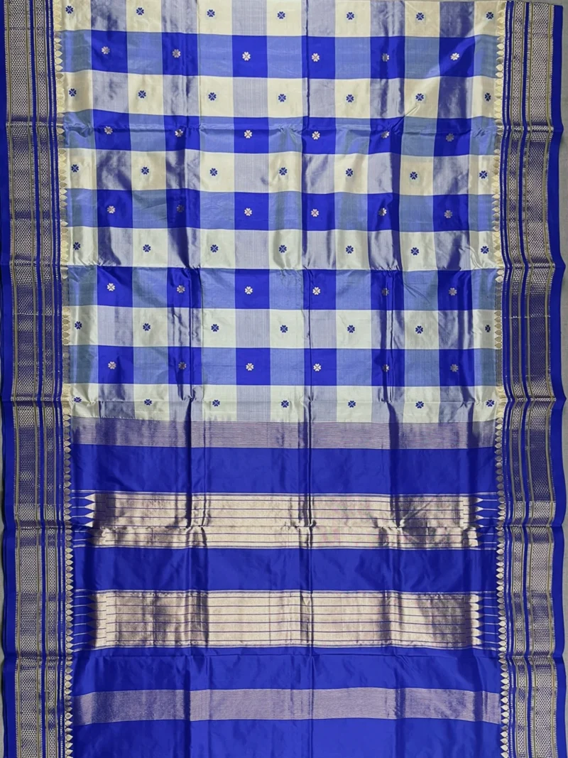 Pallu of royal blue checks pure silk Irkal saree