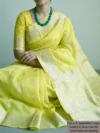 Mannequin wearing lemon yellow pure silk banarasi saree