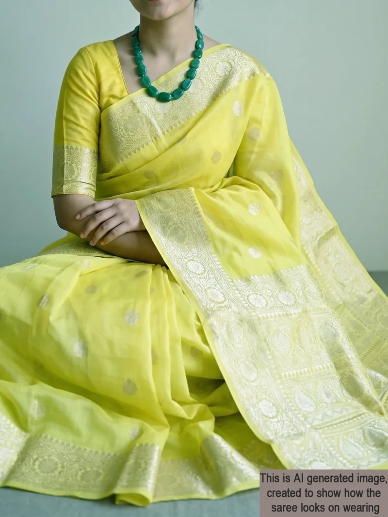 Mannequin wearing lemon yellow pure silk banarasi saree