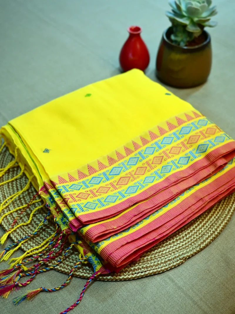 Yellow Dongri Khadi Cotton saree with orange and blue border