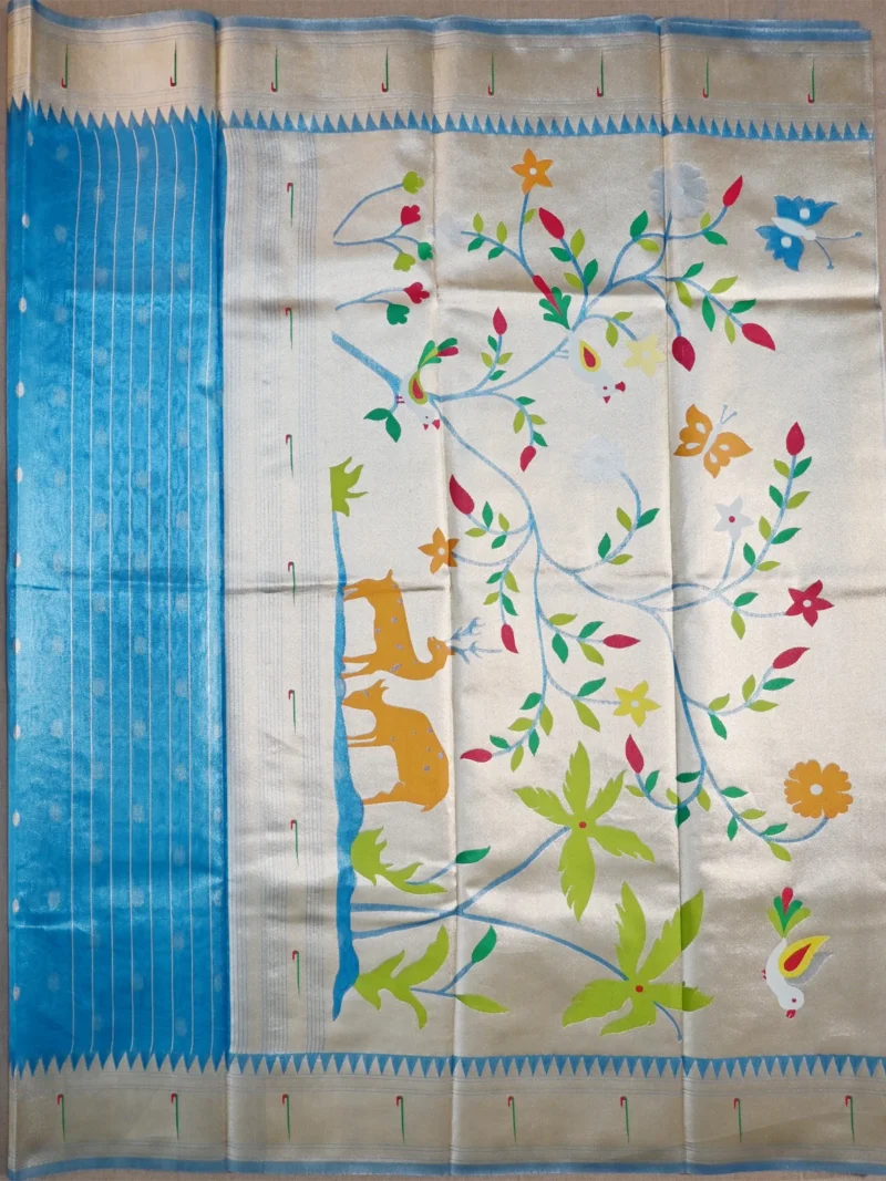 Pallu of blue tissue Paithani saree