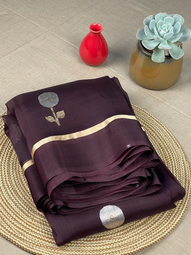 Brown pure organza saree with gold and silver butti