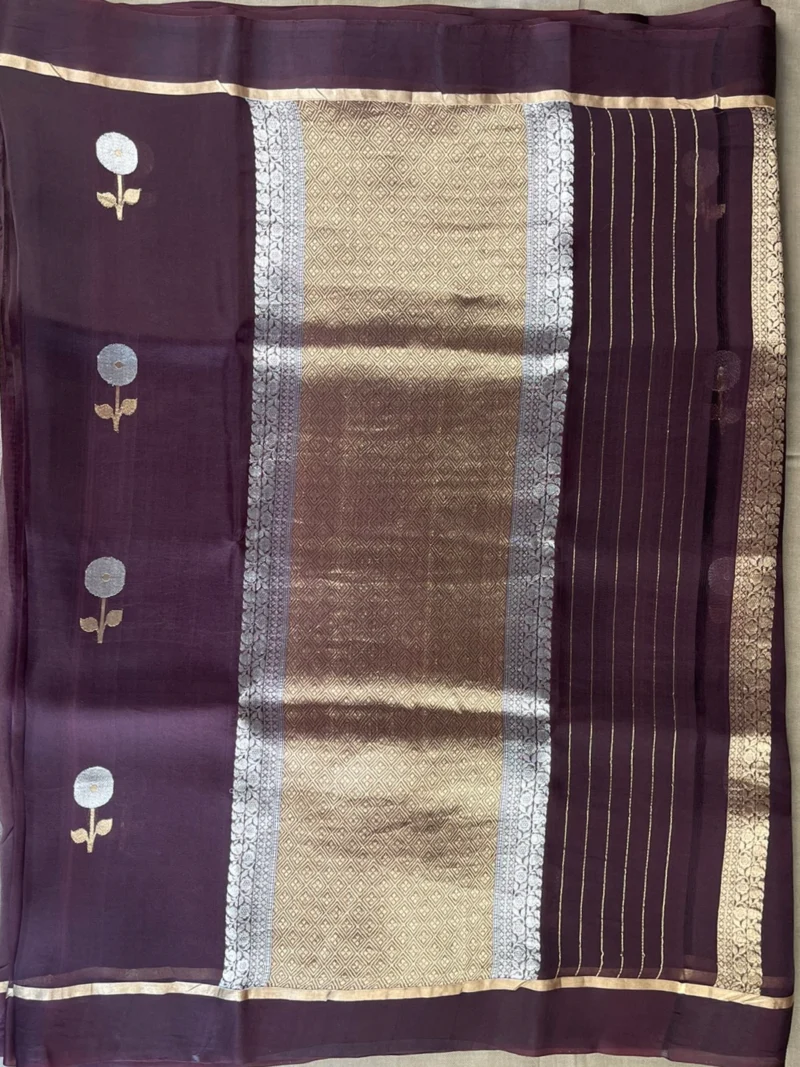 Pallu of brown pure organza saree