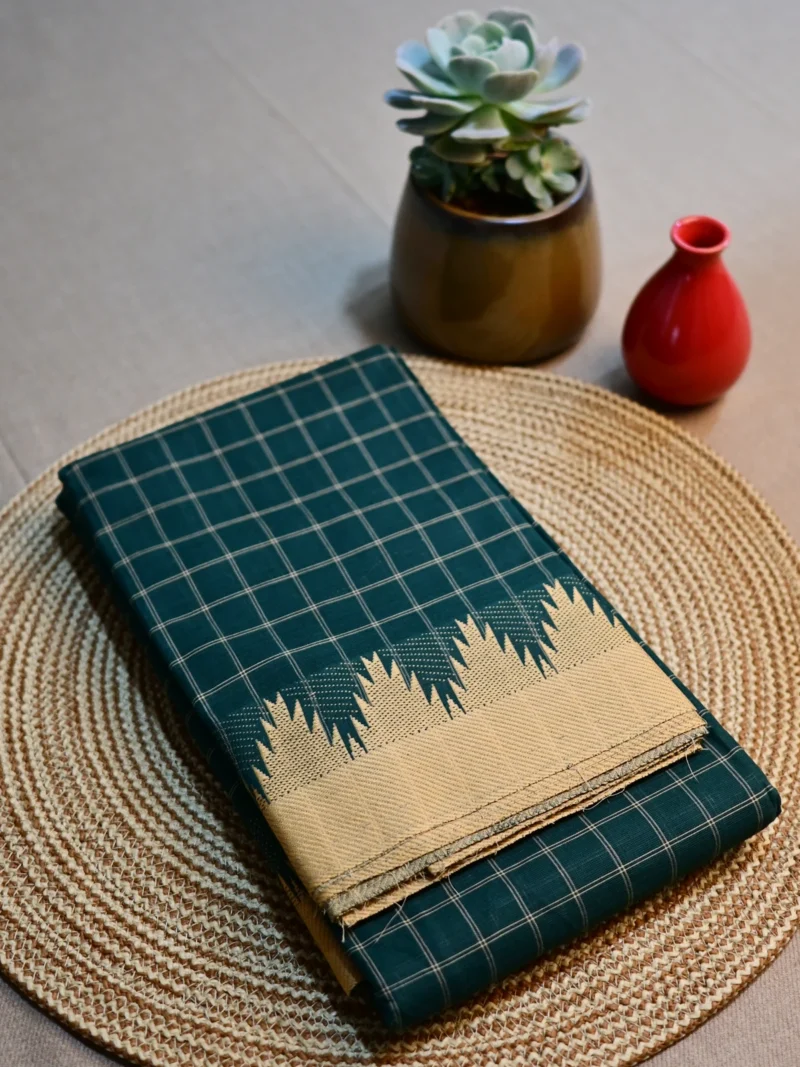 Dark green cotton saree with beige border