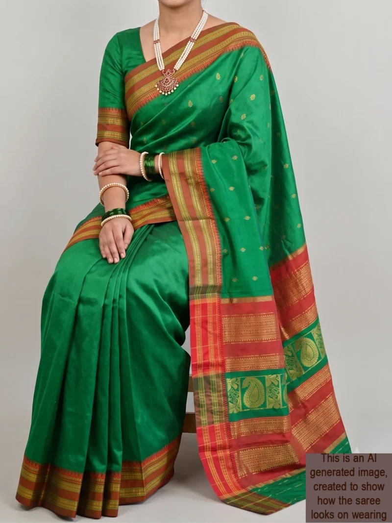 Mannequin wearing green pure silk Narayan Peth saree