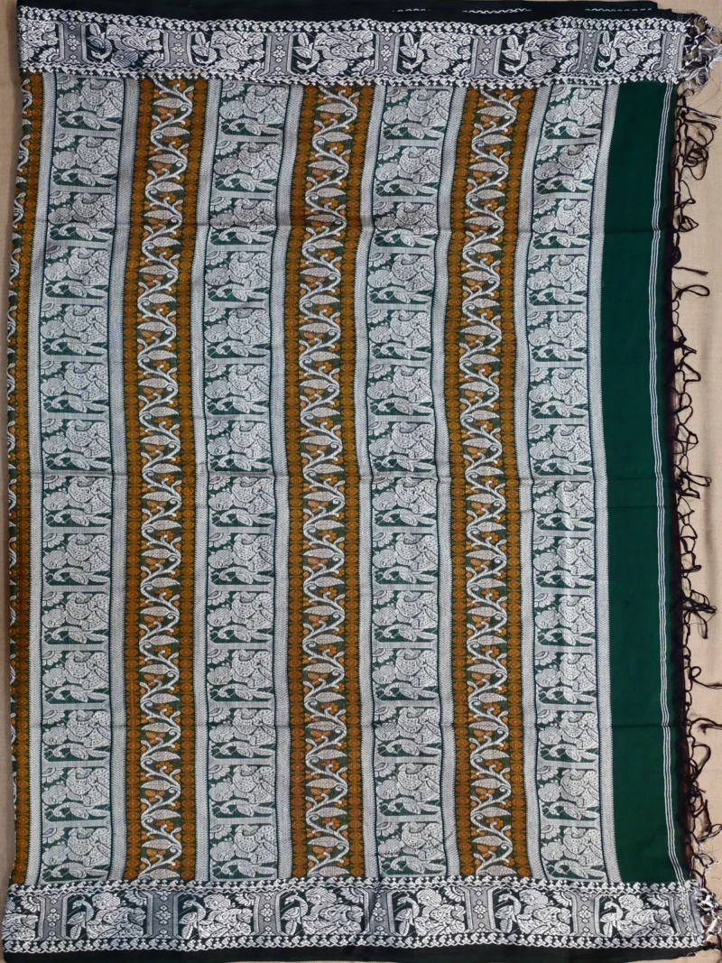 Pallu of green cotton Baluchari saree.