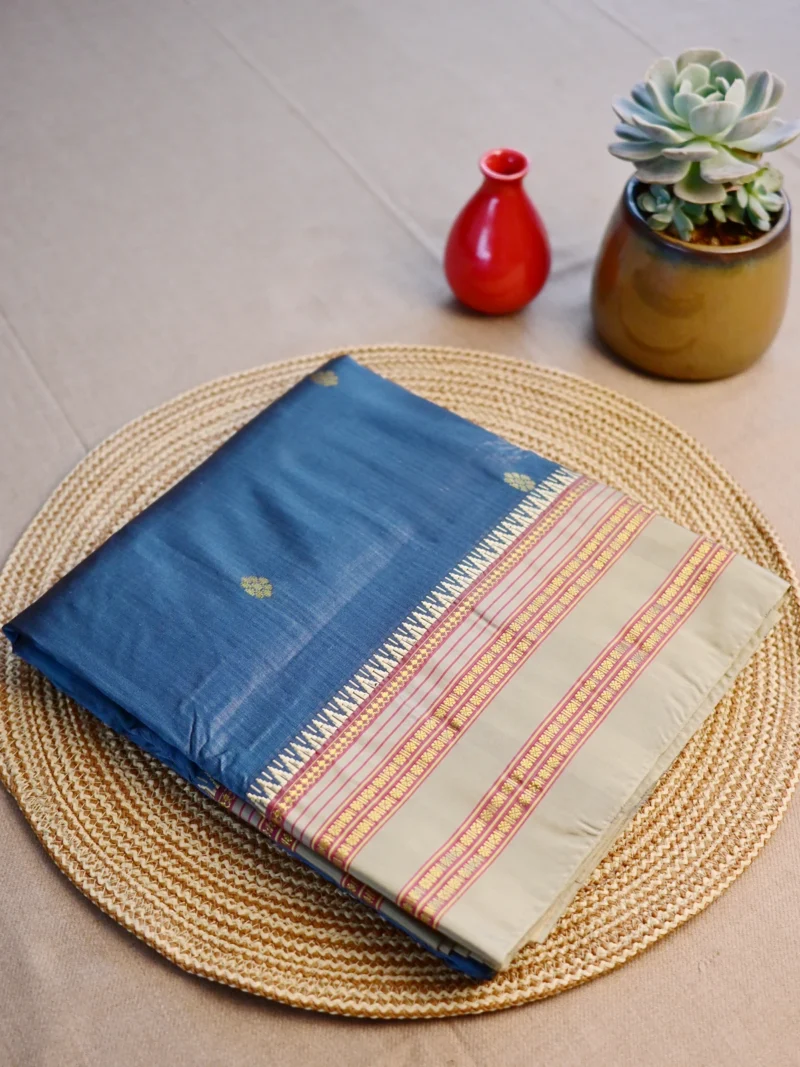 Grey pure silk Narayan Peth saree with beige border.