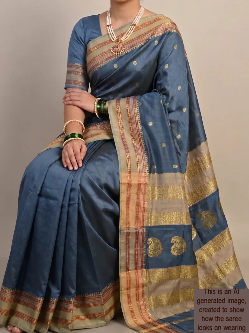 Mannequin wearing grey Narayan Peth pure silk saree