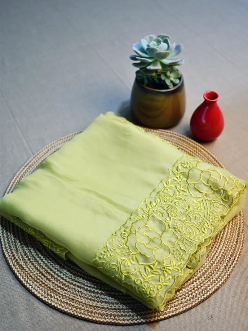 Light mehndi green soft Organza saree with embroidery along border and pallu.