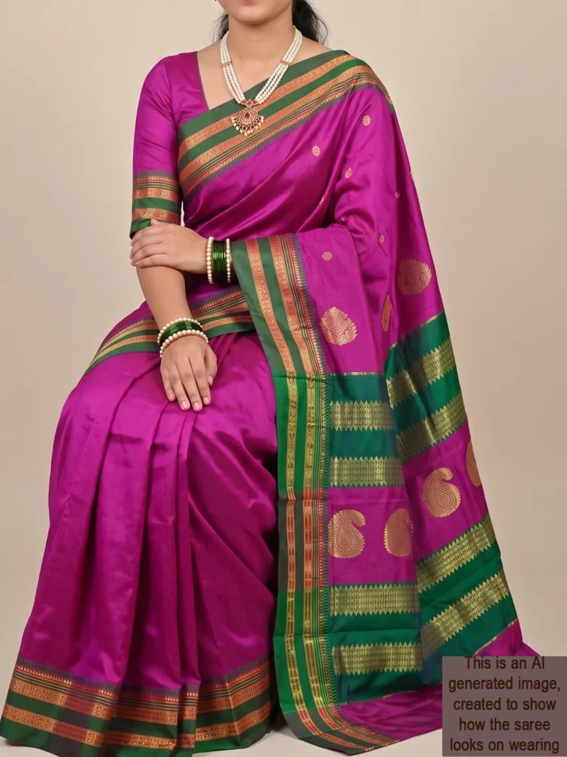 Mannequin wearing magenta pure silk Narayan Peth saree