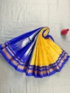 Mango yellow pure silk Irkal saree with royal blue pallu and blouse