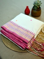 Off-white Dongri Khasi cotton saree with pink border