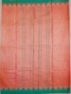 Pallu of peach colour cotton saree with green border.