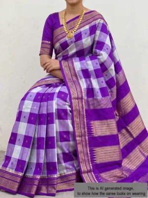 Mannequin wearing purple checks pure silk Irkal saree