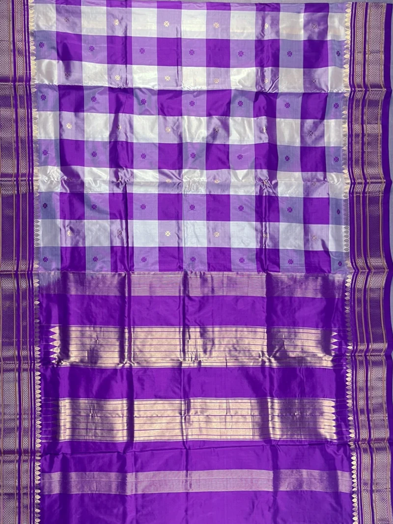 Pallu of purple checks pure silk Irkal saree