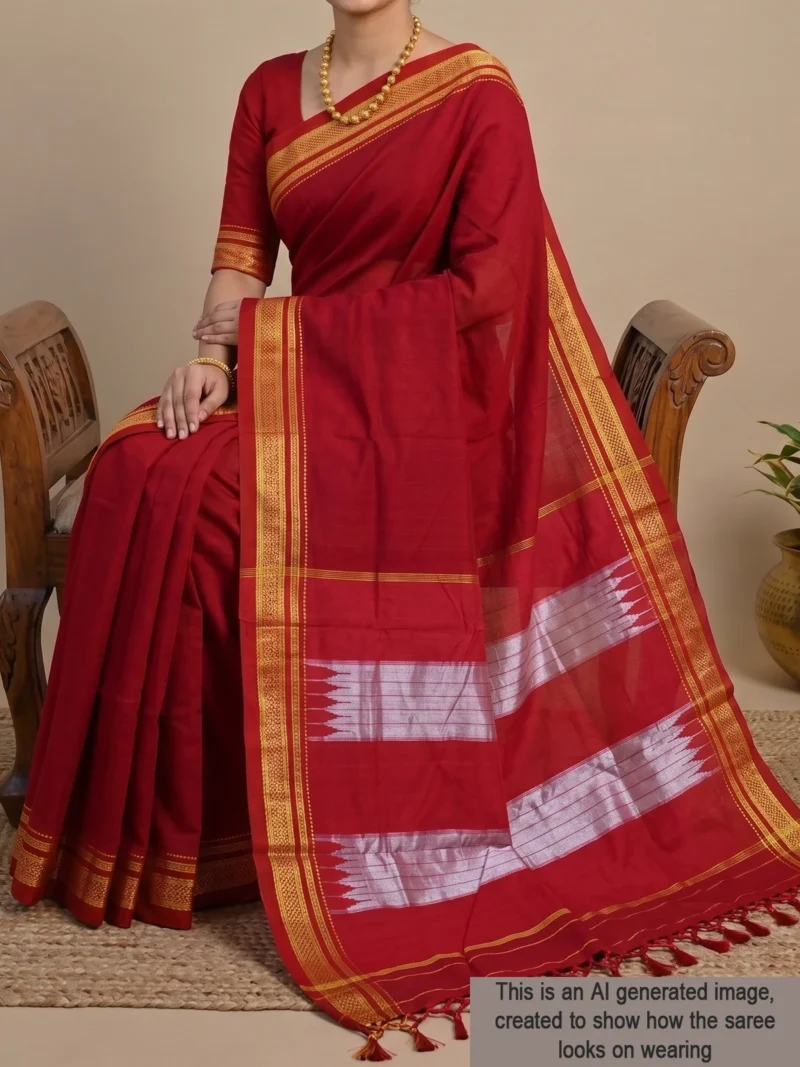 Mannequin wearing red cotton Irkal saree