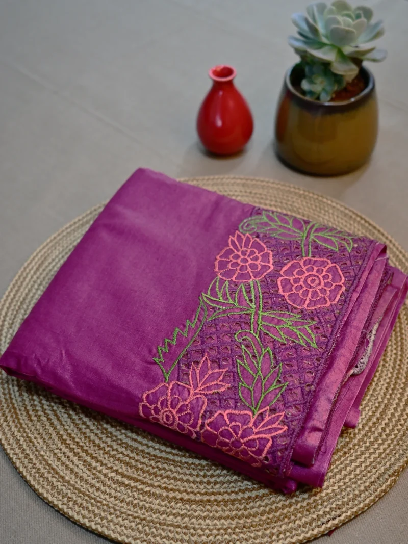 Wine pink pure tussar silk saree with cutwork embroidery