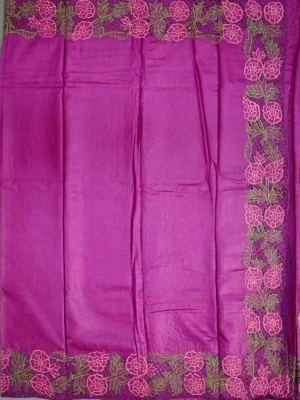 Pallu of wine pink pure tussar silk saree with cutwork embroidery