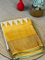Beige pure Tussar silk saree with orange and green border.