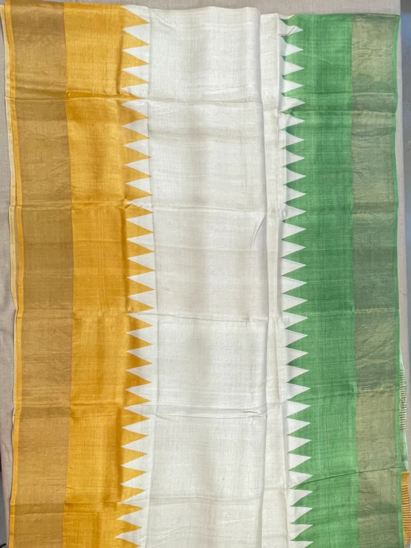 Full body view of beige pure Tussar silk saree