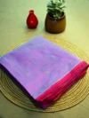 Lavender silk cotton saree with red narrow border and golden butti
