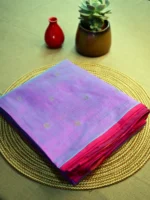 Lavender silk cotton saree with red narrow border and golden butti