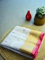 Pearl colour pure silk saree with red and golden border and golden butti