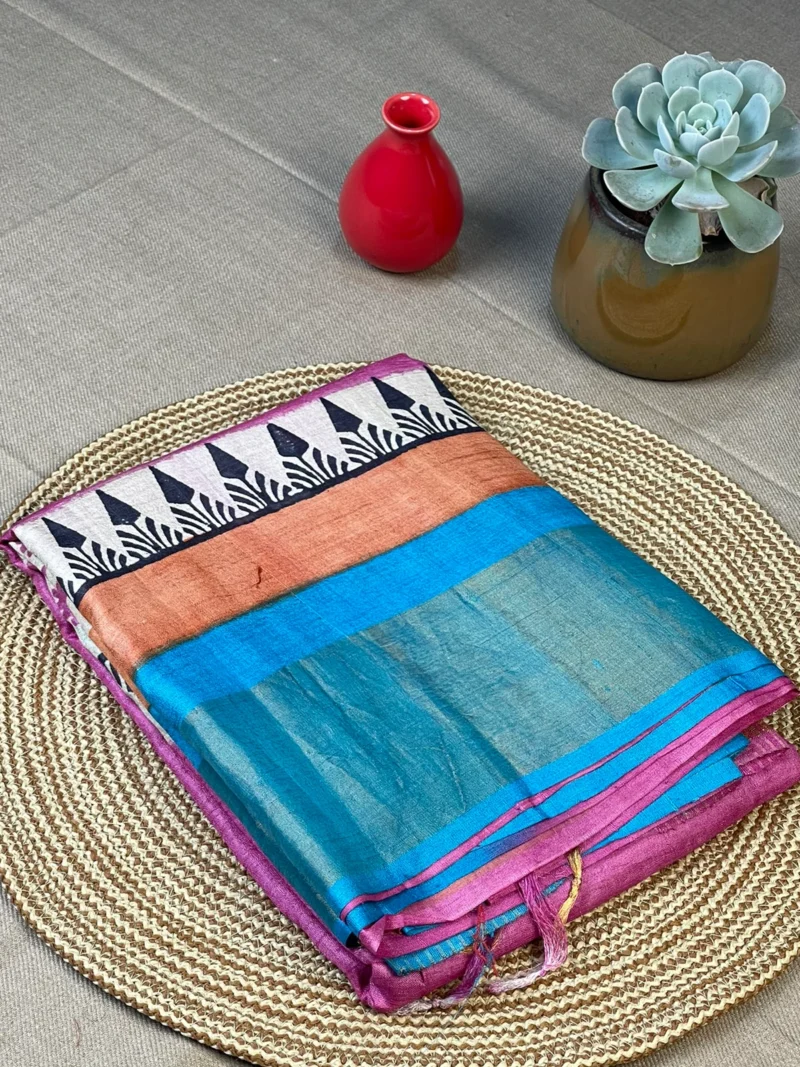 Pink pure Tussar silk saree with blue border