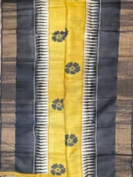 Full body view of yellow pure Tussar silk saree.