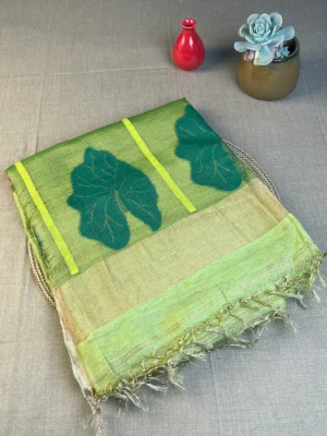 Mehndi green silk linen saree