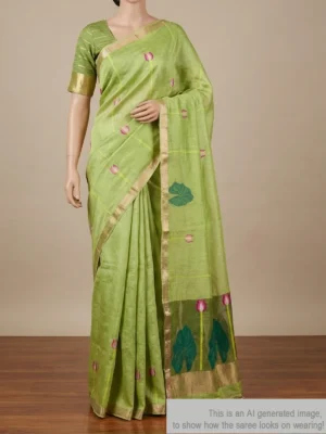 Mannequin wearing mehndi green silk linen saree