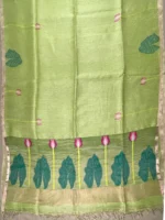 Pallu of mehndi green silk linen saree