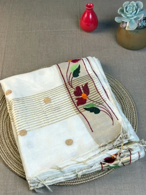 Off-white pure tussar silk saree with embroidery border