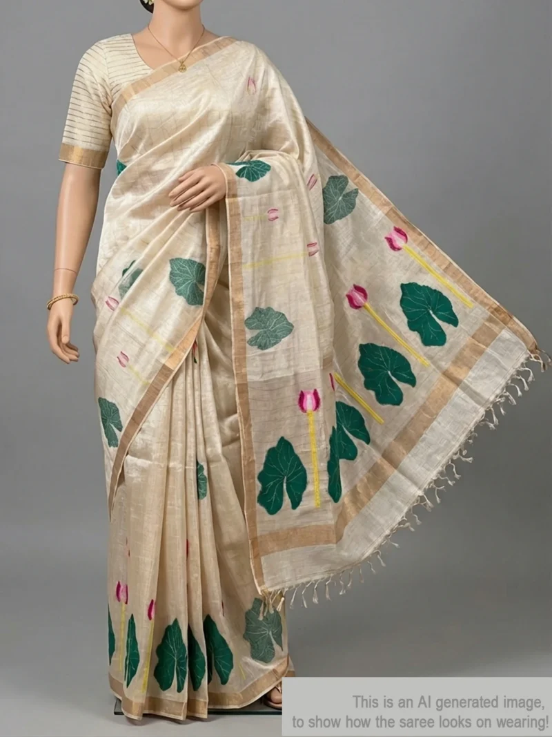 Mannequin wearing off-white silk linen saree