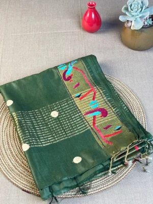 Olive green pure Tussar silk saree with embroidery border