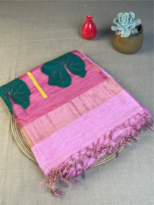 Pink silk linen saree