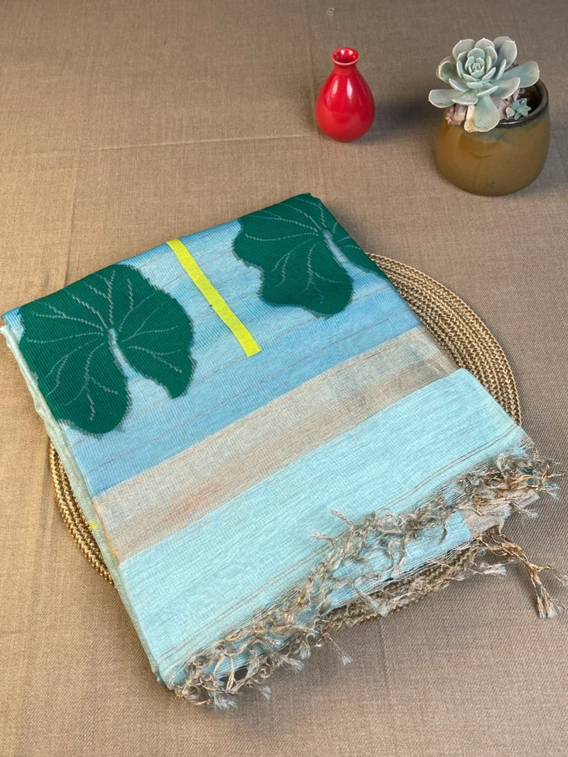 Sky blue silk linen saree