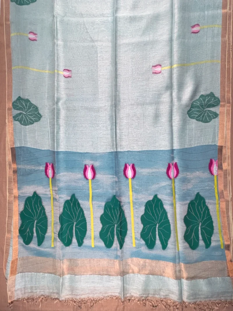 Pallu of sky blue silk linen saree