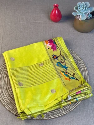 Yellow pure tussar silk with embroidery border
