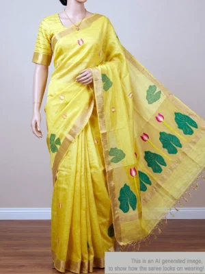 Mannequin wearing yellow silk linen saree