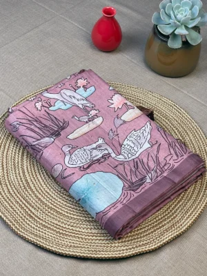 Onion pink art silk saree with Kalamkari design along the border and on pallu
